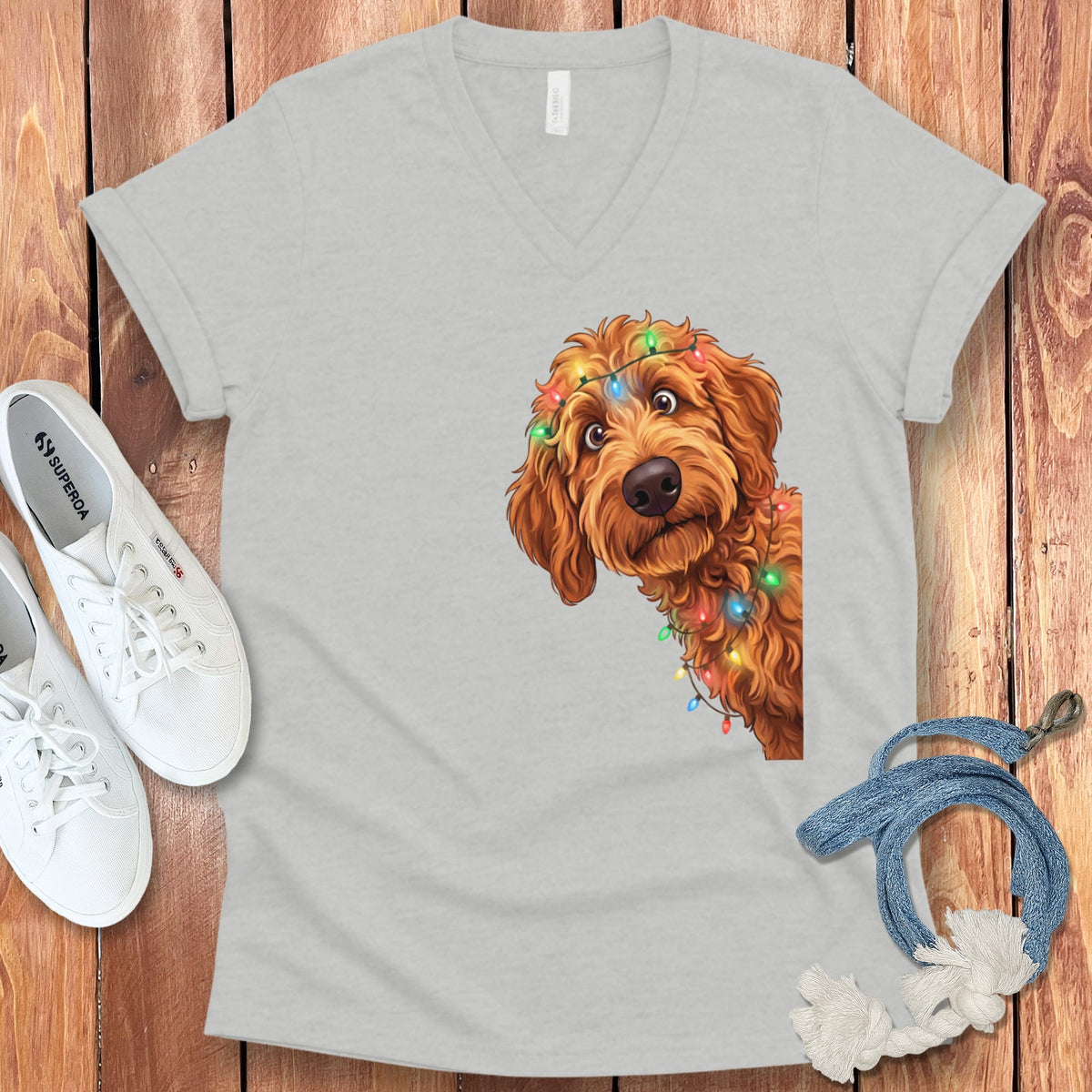 Peeking Apricot Goldendoodle Holiday V-Neck T-Shirt in Athletic Heather / S by Puppy Jo