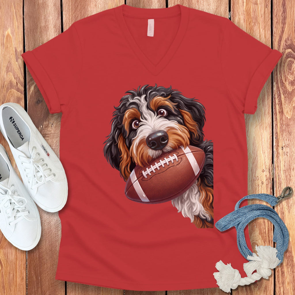 Bernedoodle Football V-Neck T-Shirt in Red / S by Puppy Jo