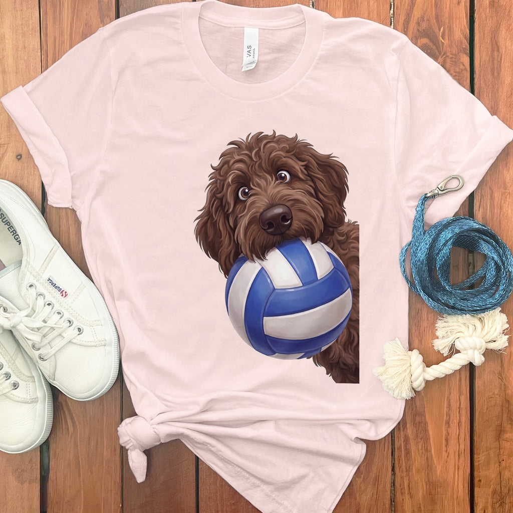 Chocolate Goldendoodle Volleyball T-Shirt in Soft Pink / S by Puppy Jo