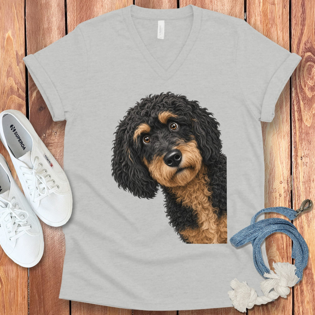 Funny Peeking Phantom Goldendoodle V-Neck T-Shirt in Athletic Heather / S by Puppy Jo