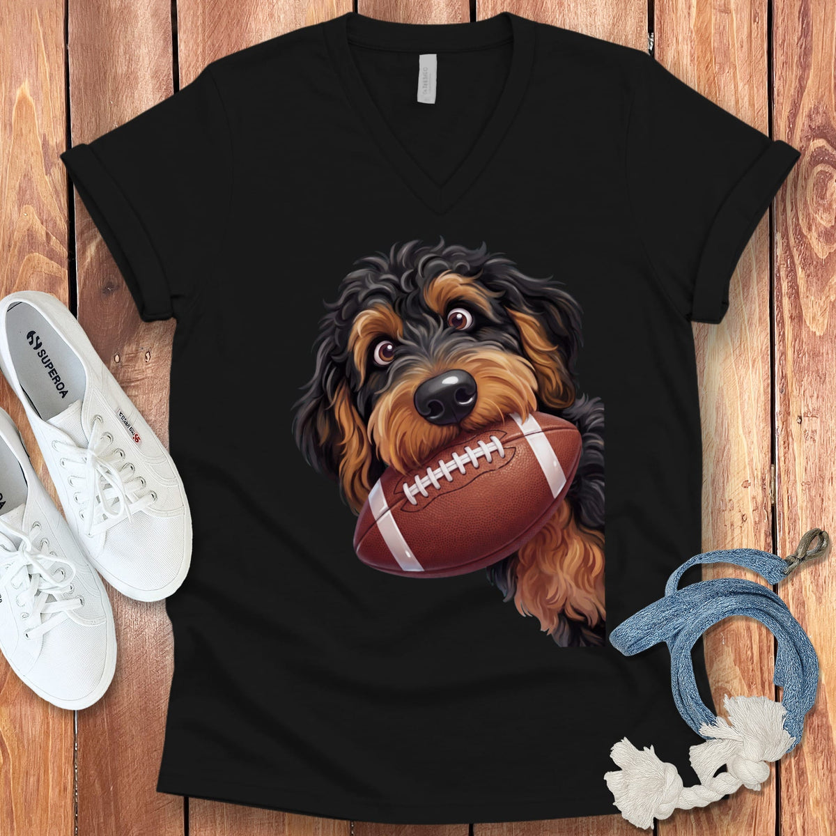 Phantom Goldendoodle Football V-Neck T-Shirt in Black / S by Puppy Jo