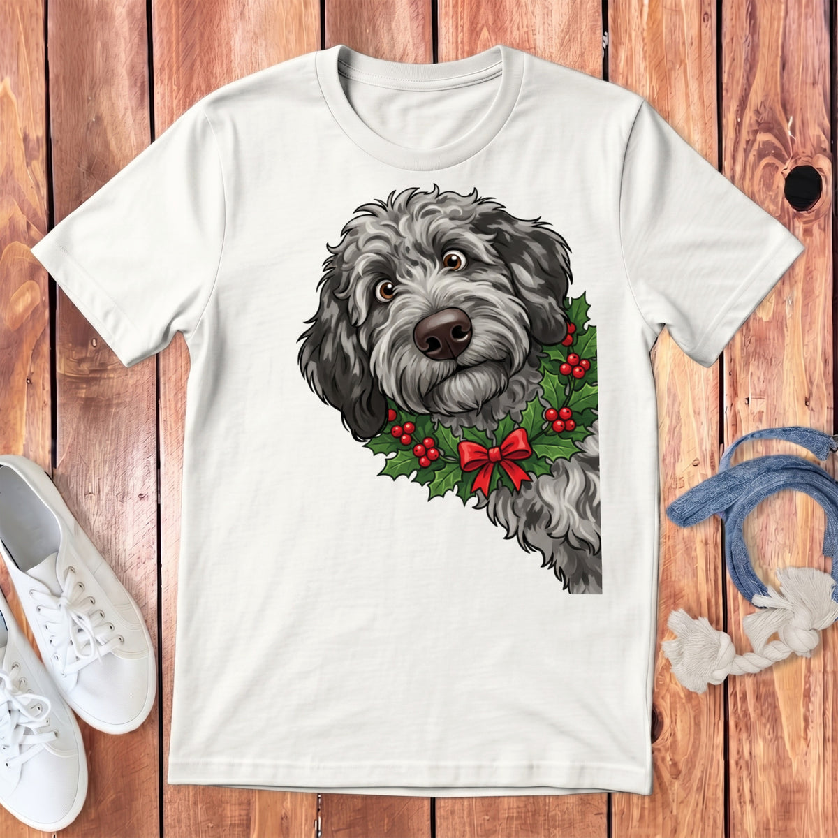 White t-shirt with a grey doodle dog wearing a holly wreath and red bow.