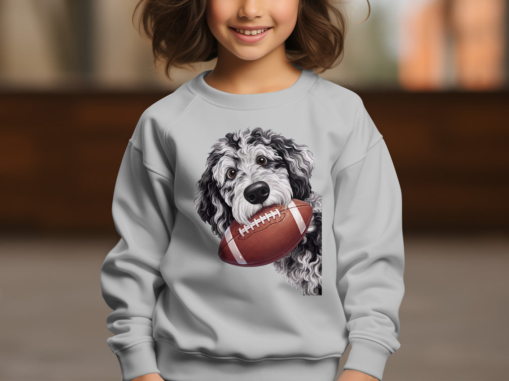 Light gray sweatshirt with a black and white doodle dog holding a football graphic.