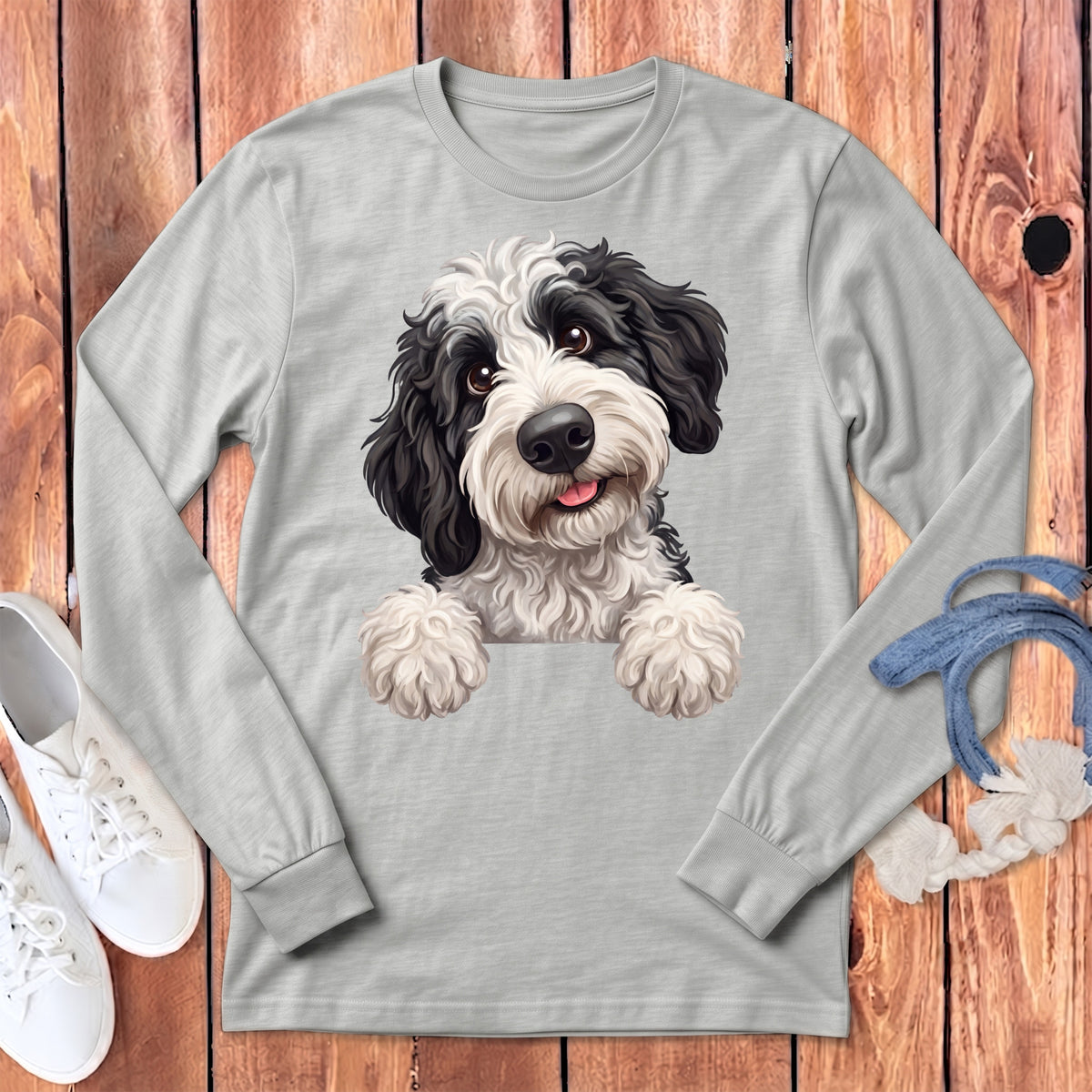 Gray long-sleeve shirt with a black and white dog illustration on the front.
