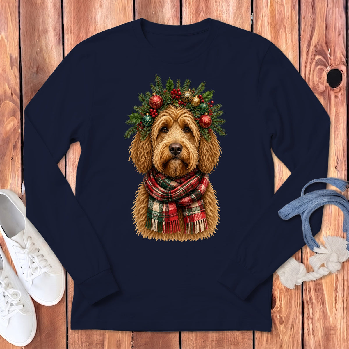 Golden Goldendoodle Holiday Crown Long Sleeve T-Shirt in Navy / S by MyDesigns