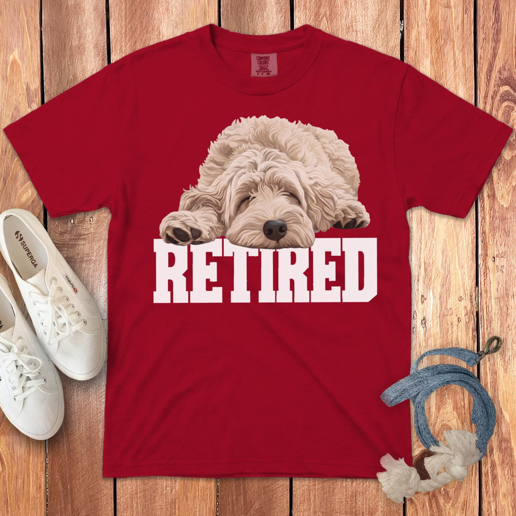Retired Sleeping Cream Goldendoodle Signature T-Shirt in Red / S by Puppy Jo