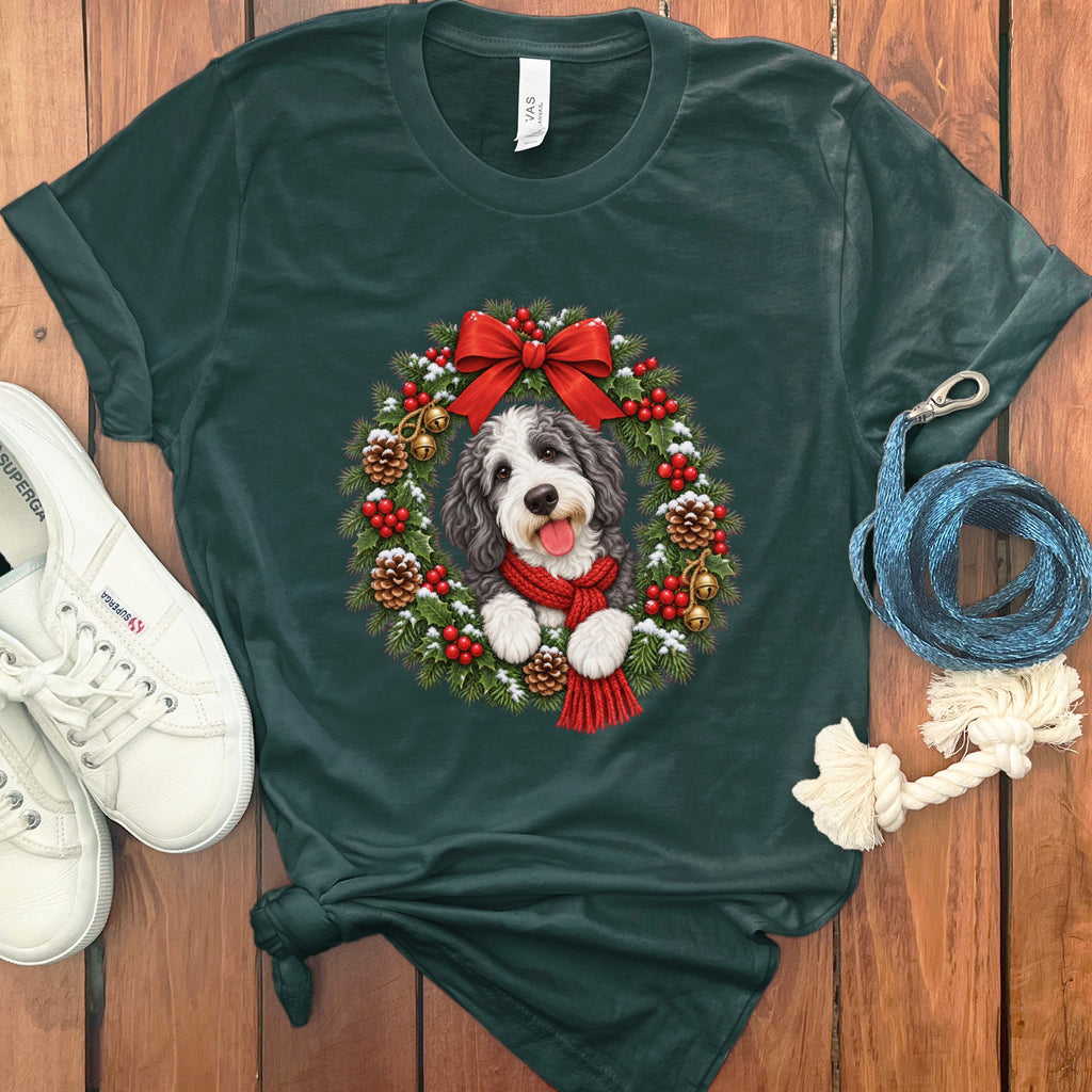 Sheepadoodle Christmas Wreath T-Shirt