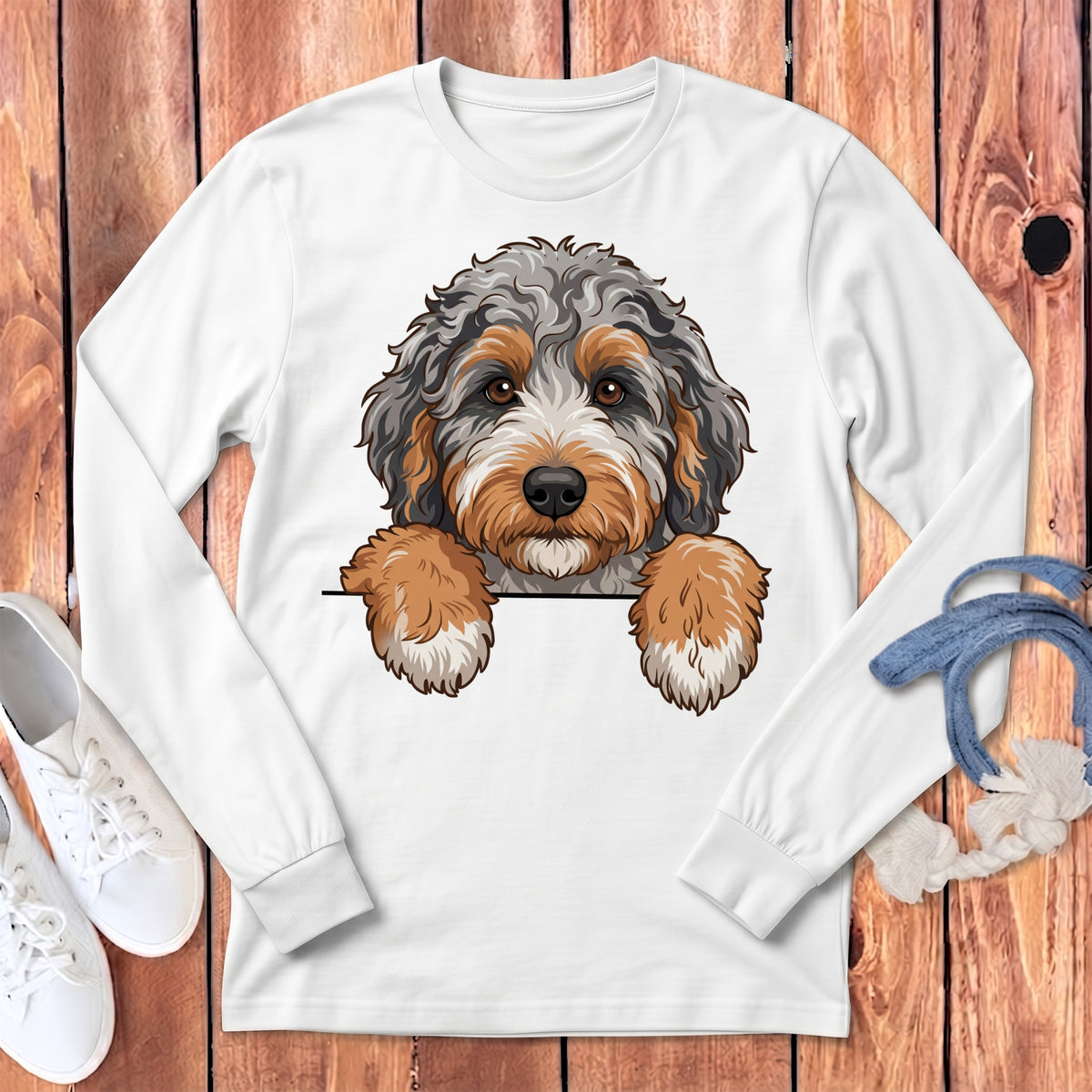 White long-sleeve shirt with a cartoon Bernedoodle dog peeking over the chest.