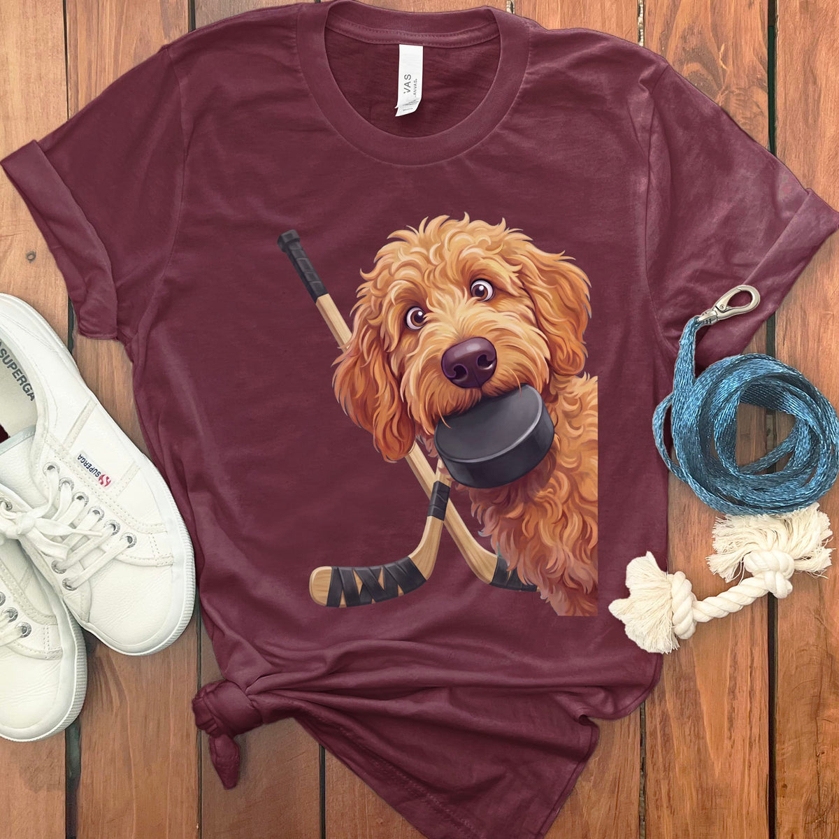 Apricot Goldendoodle Hockey T-Shirt in Maroon / S by Puppy Jo