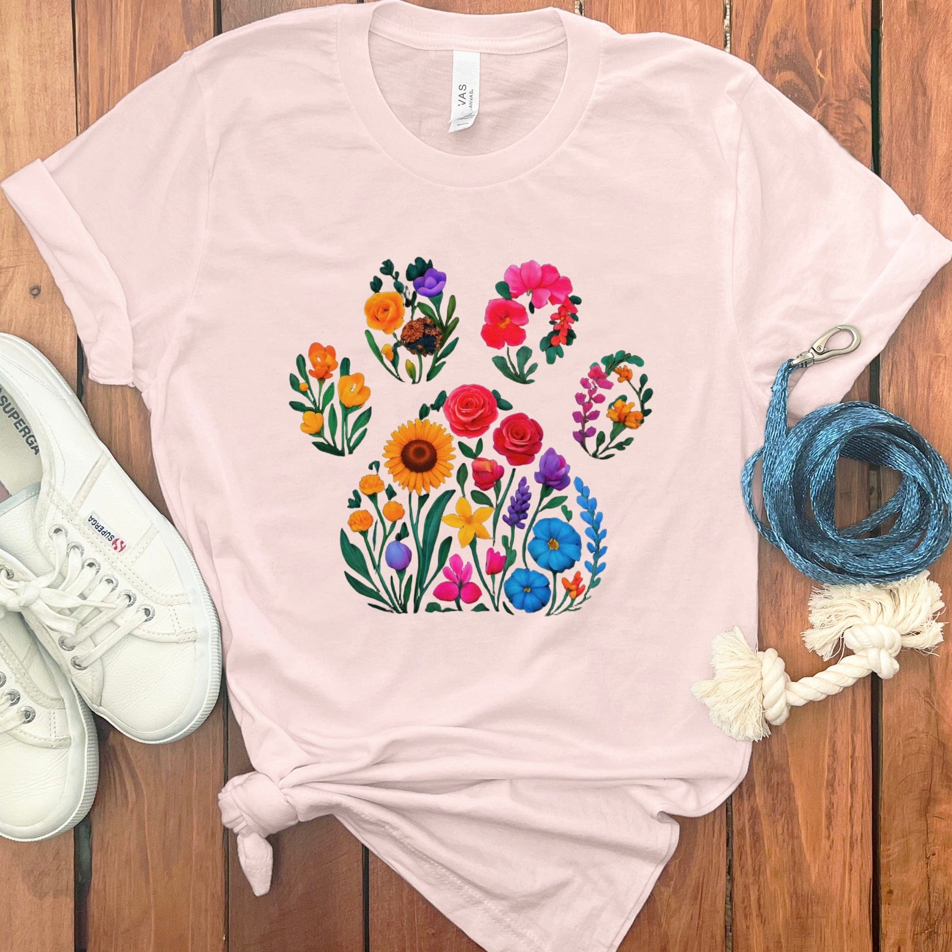 Colorful floral paw print graphic tee product