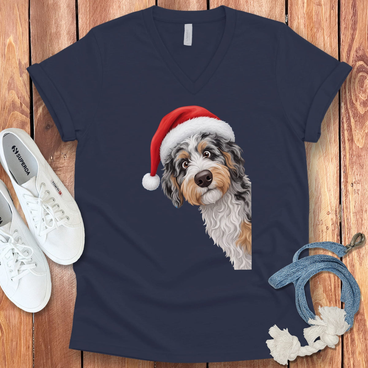 Phantom Goldendoodle Holiday Santa V-Neck T-Shirt in Navy / S by Puppy Jo