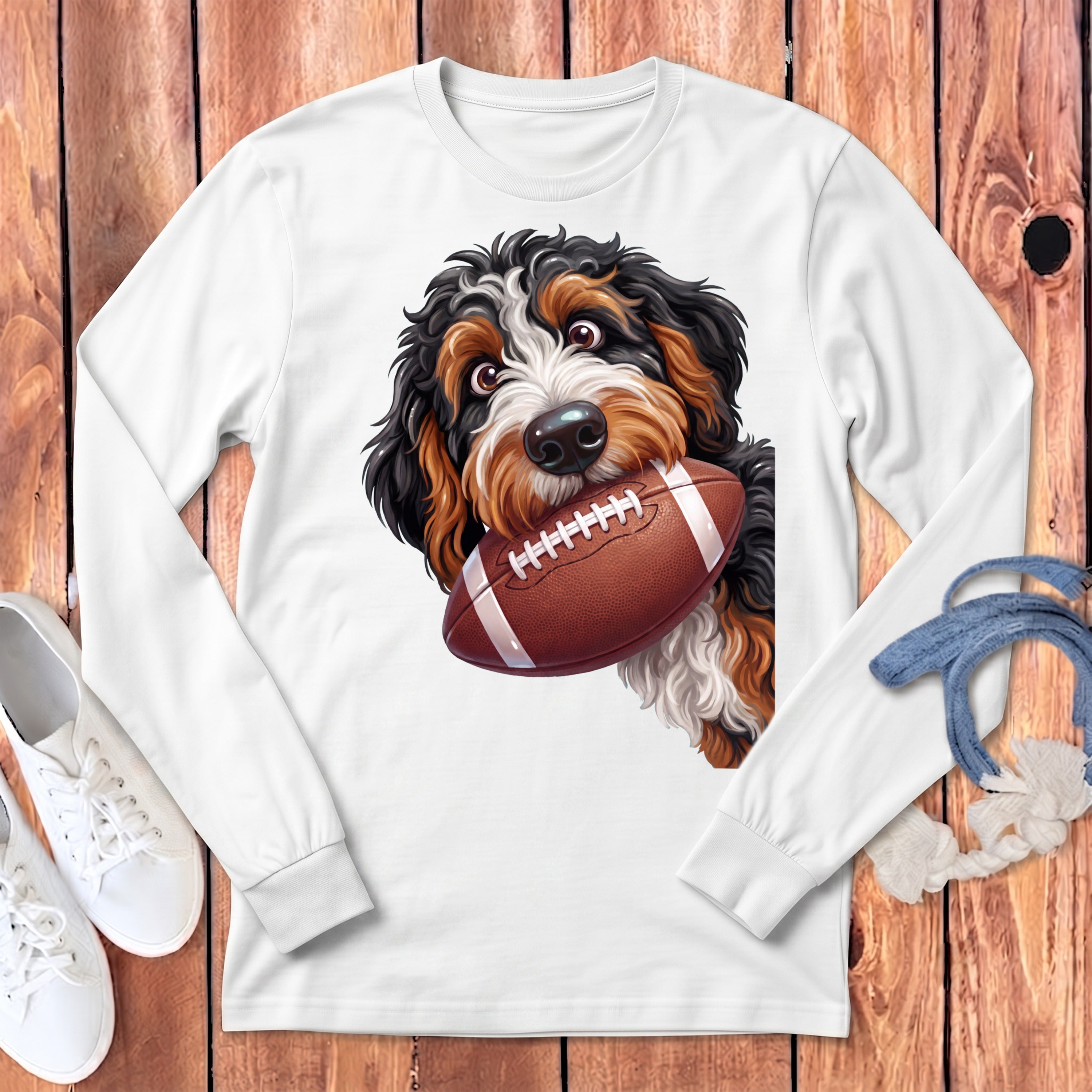 Bernese Mountain Dog wearing a white long-sleeve shirt and holding a football.