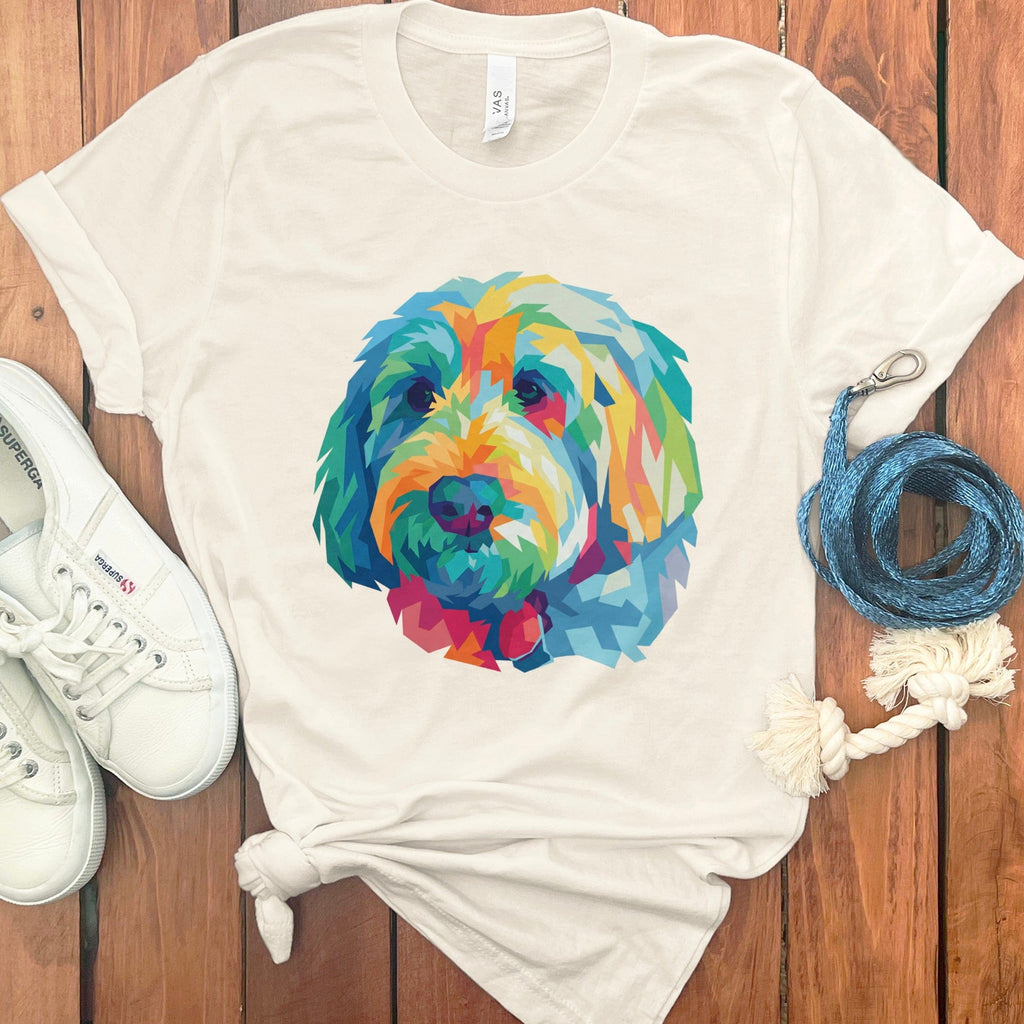 Colorful Geometric Dog Print on White Shirt