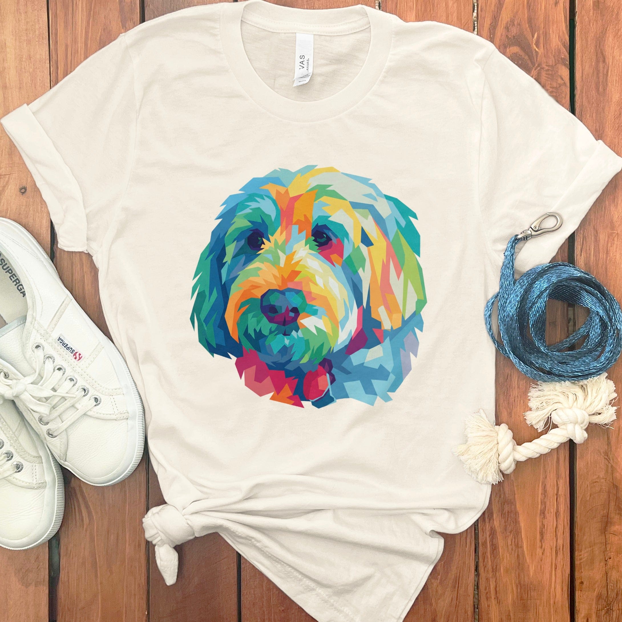 Colorful Geometric Dog Print on White Shirt
