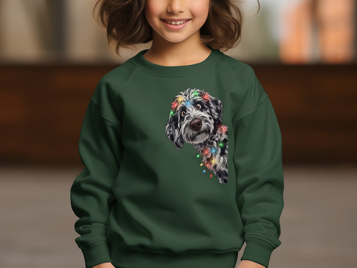 Dark green sweatshirt featuring a black and white dog with colorful Christmas lights on its head.
