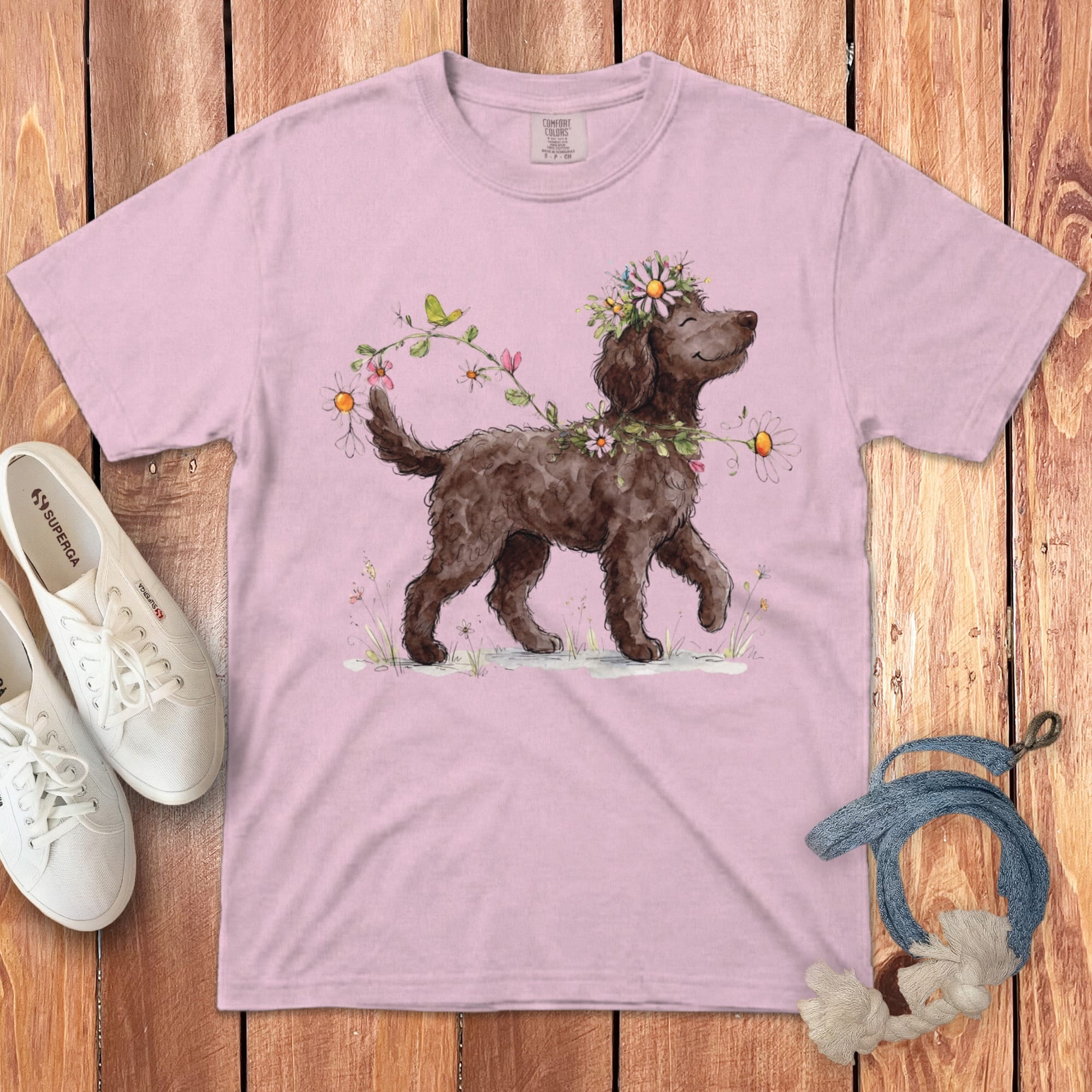 Brown dog with flowers in fur, walking on pink t-shirt.