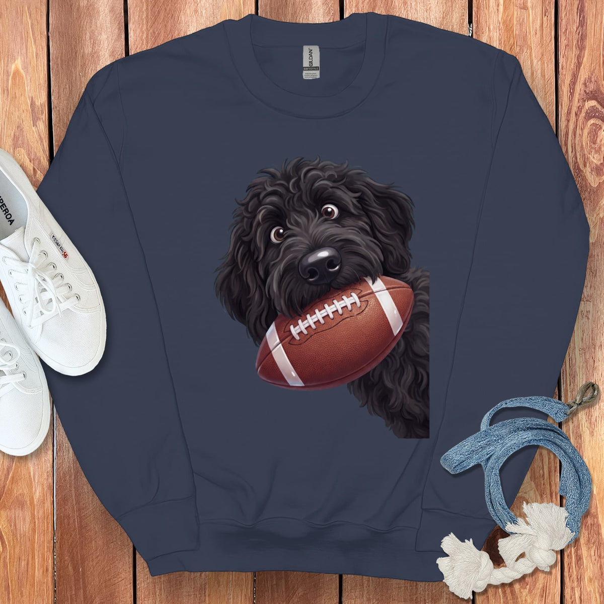 Black Goldendoodle Football Sweatshirt in Navy / S by Puppy Jo