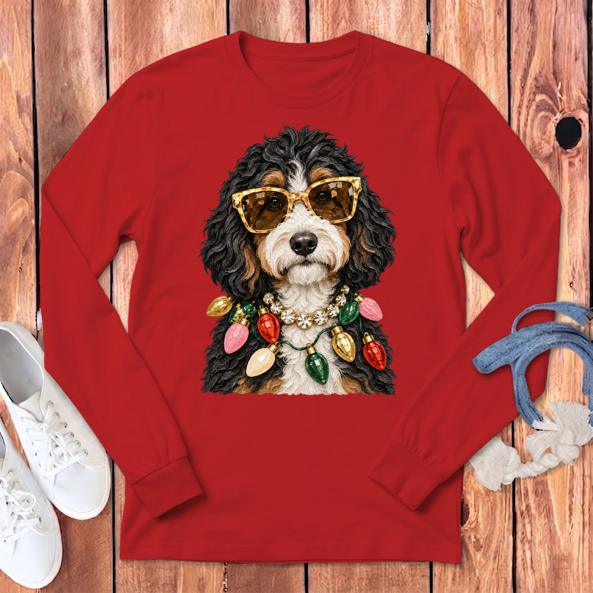 Bernedoodle wearing sunglasses and a Christmas light necklace on a red long-sleeve shirt.