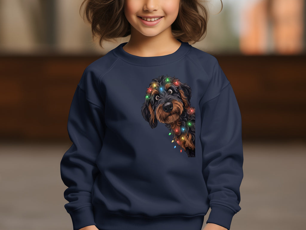 Dark blue sweatshirt with a fluffy dog wearing colorful Christmas lights on its head.