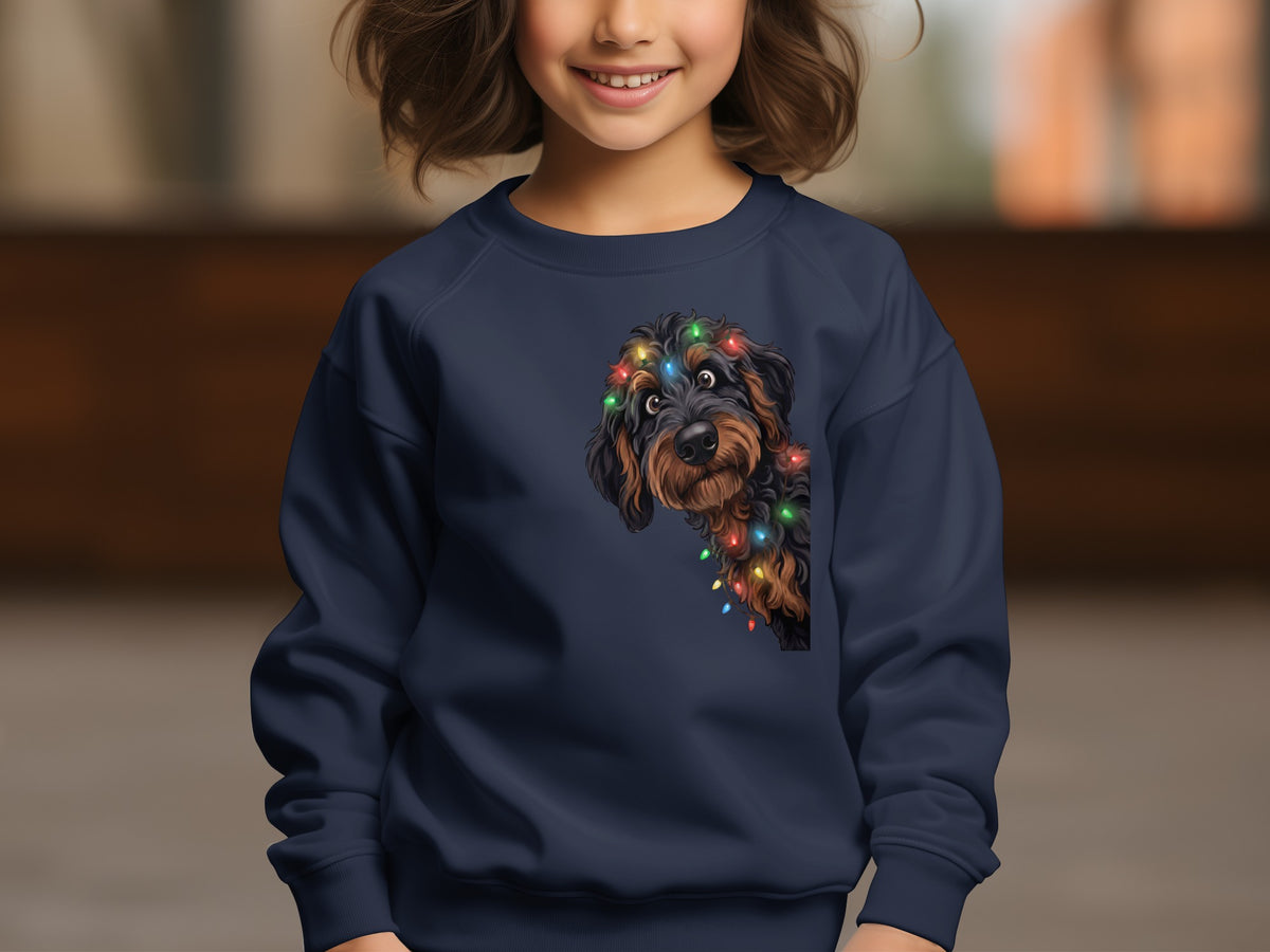 Dark blue sweatshirt with a fluffy dog wearing colorful Christmas lights on its head.