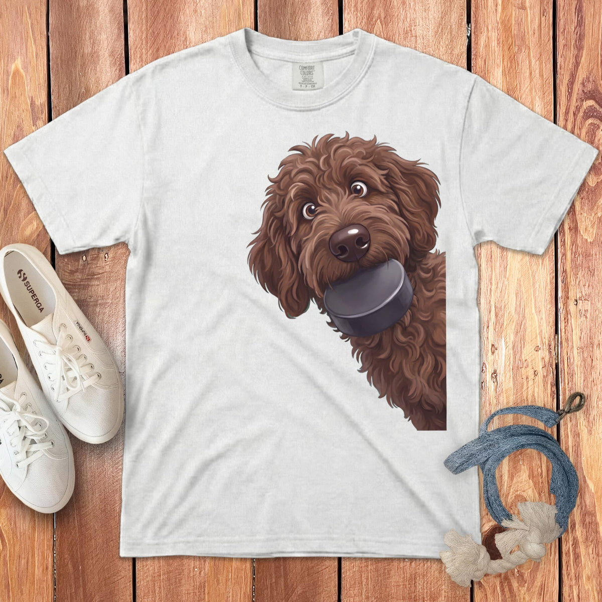 Chocolate Goldendoodle Hockey Puck Signature T-Shirt in White / S by Puppy Jo