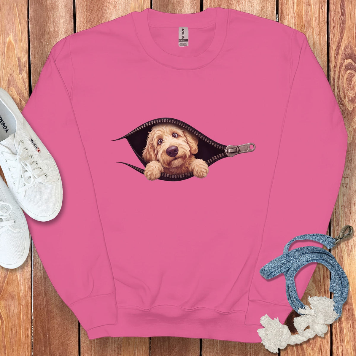 Cream Goldendoodle Peeking Zipper Sweatshirt in Heliconia / S by Puppy Jo