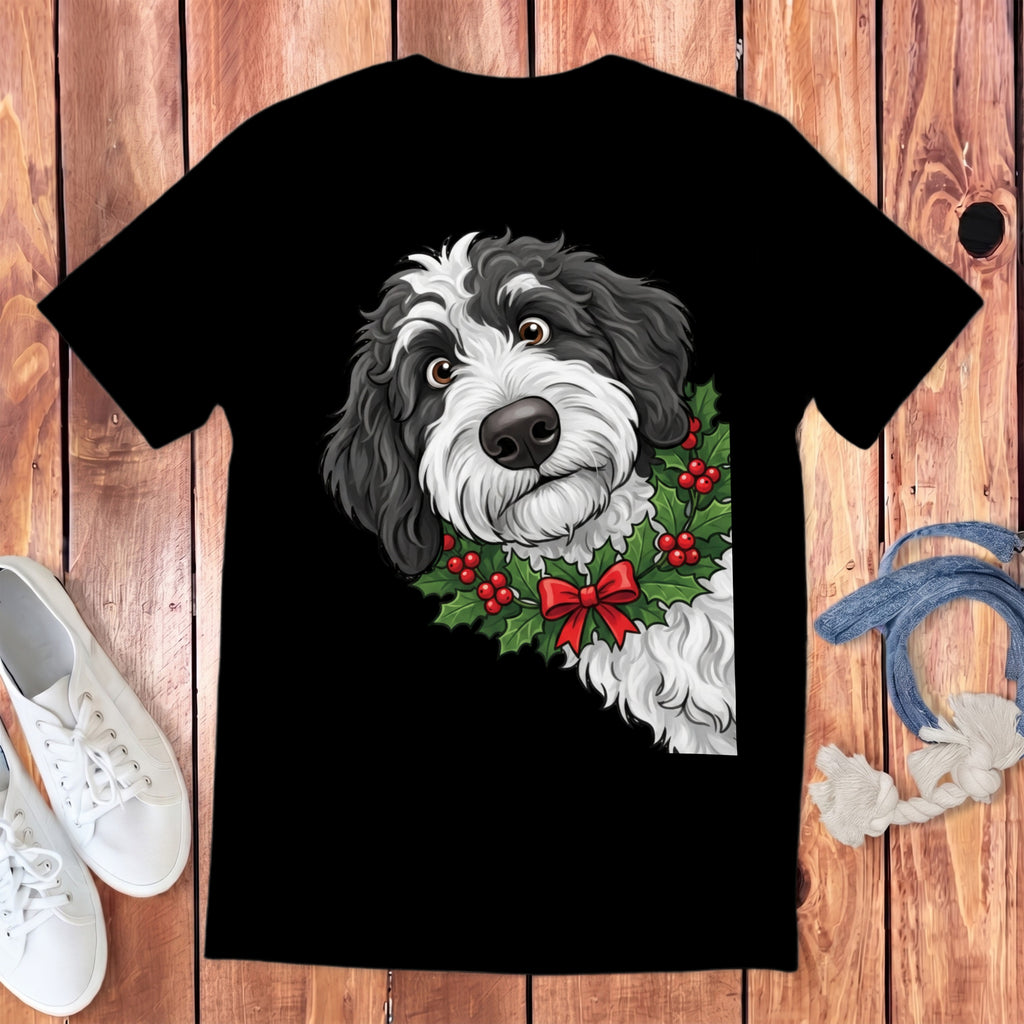 Black t-shirt featuring a black and white dog wearing a festive holly and berry wreath.