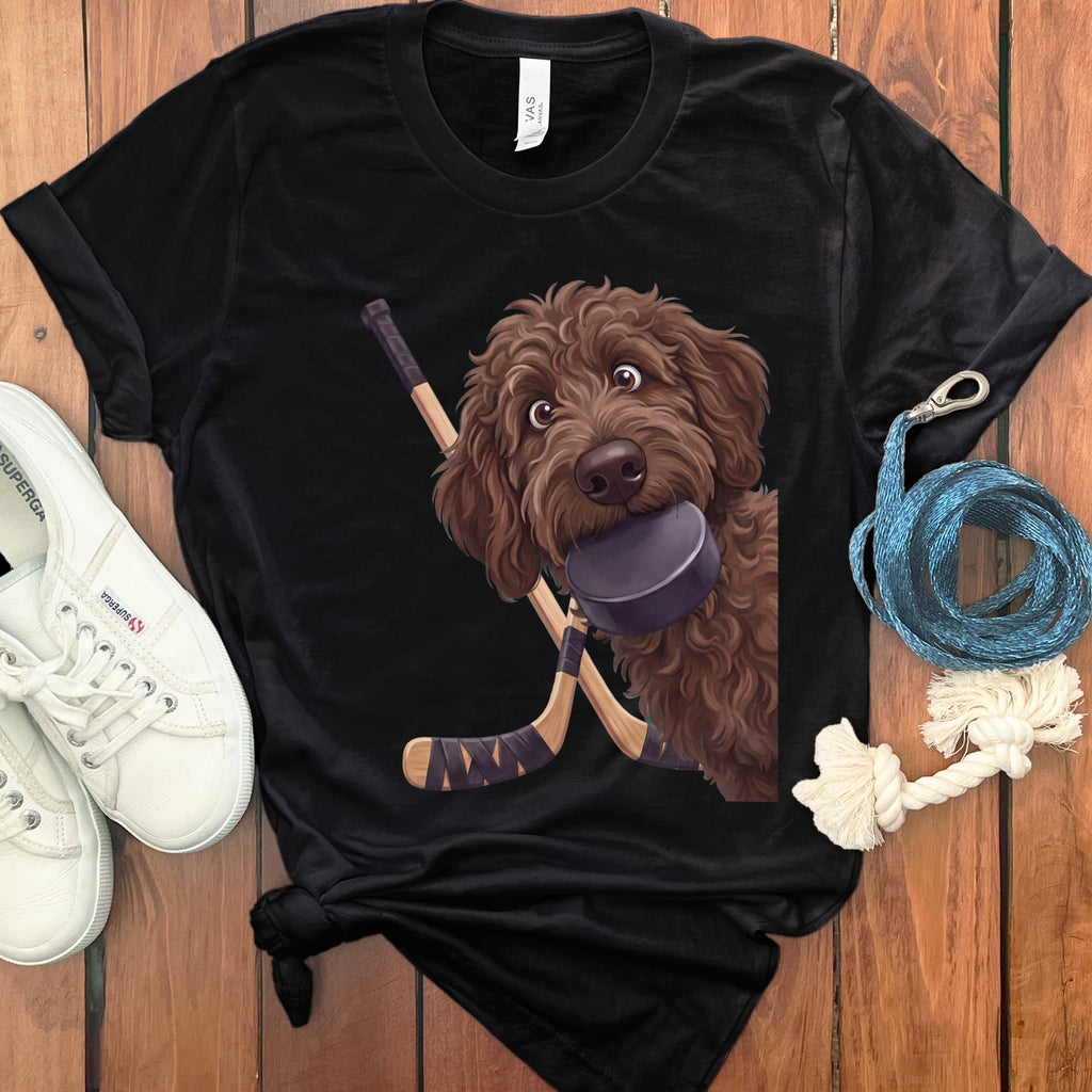 Chocolate Goldendoodle Hockey T-Shirt in Black / S by Puppy Jo