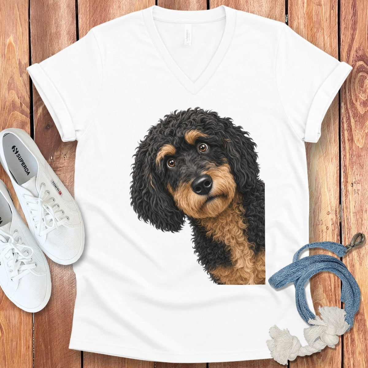 Funny Peeking Phantom Goldendoodle V-Neck T-Shirt in White / S by Puppy Jo