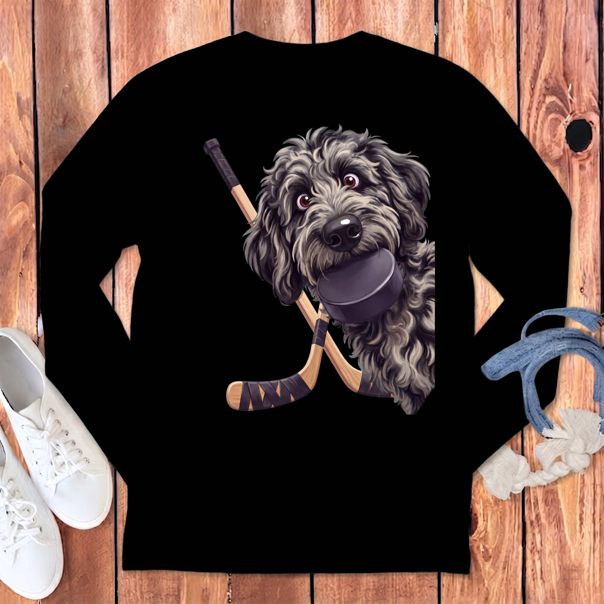 Merle Goldendoodle Hockey Long Sleeve T-Shirt in Black / S by Puppy Jo