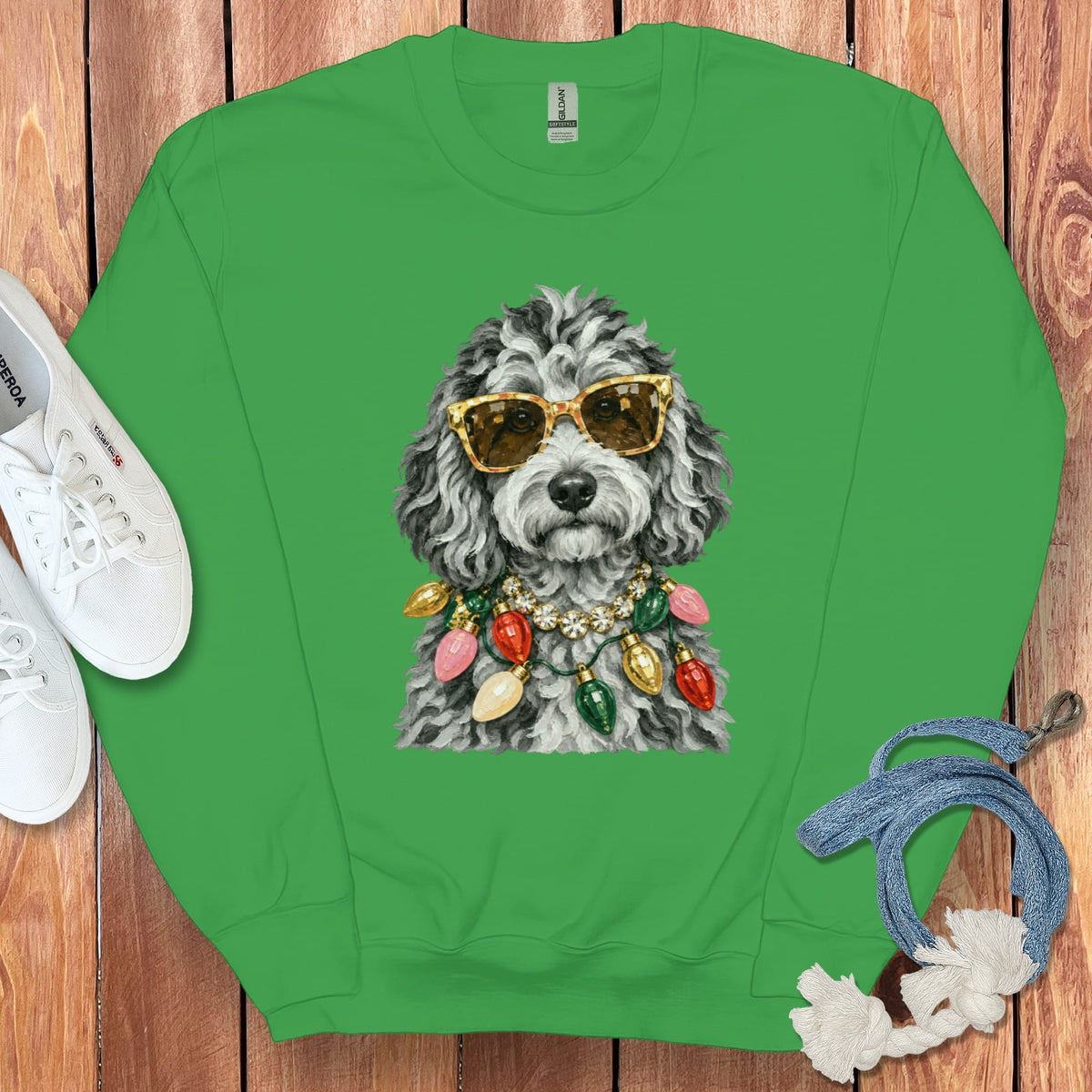 Merle Goldendoodle Christmas Glam Sweatshirt in Irish Green / S by Puppy Jo