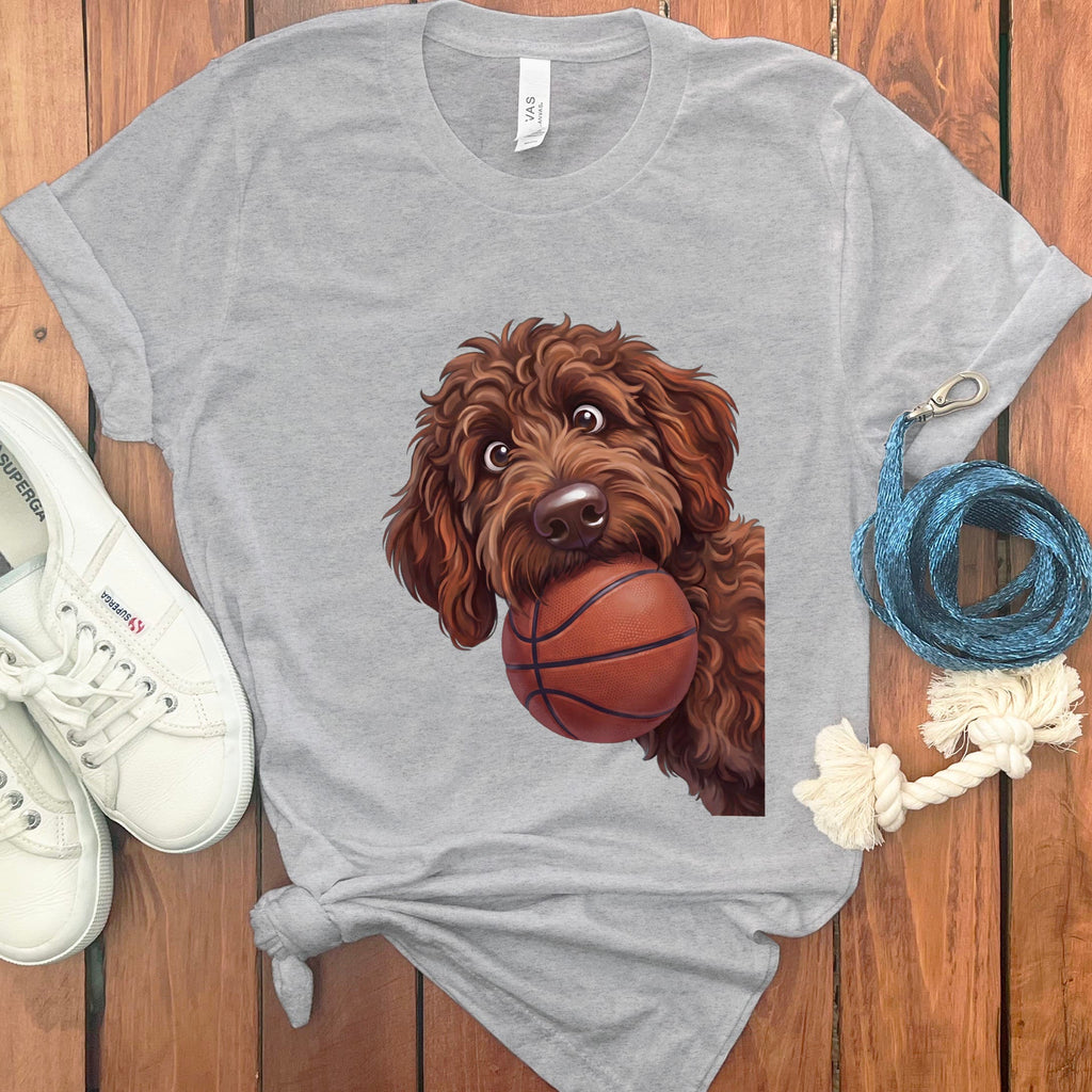 Chocolate Goldendoodle Basketball T-Shirt in Athletic Heather / S by Puppy Jo