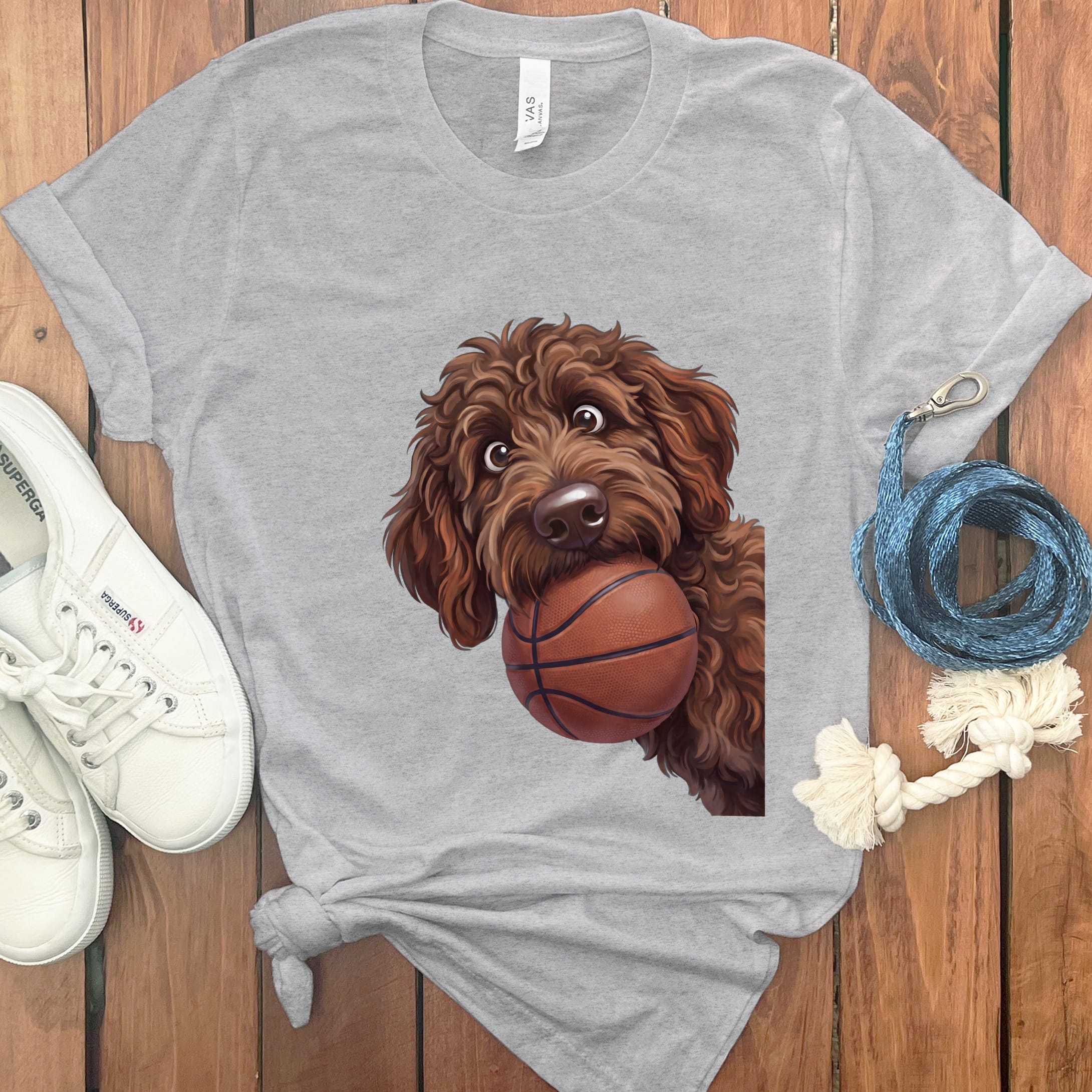 Chocolate Goldendoodle Basketball T-Shirt in Athletic Heather / S by Puppy Jo