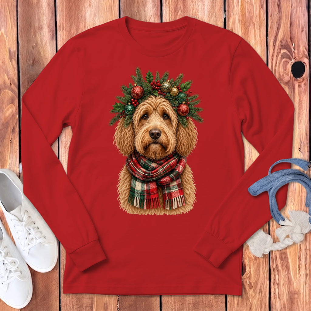 Apricot Goldendoodle Holiday Crown Long Sleeve T-Shirt in Red / S by MyDesigns