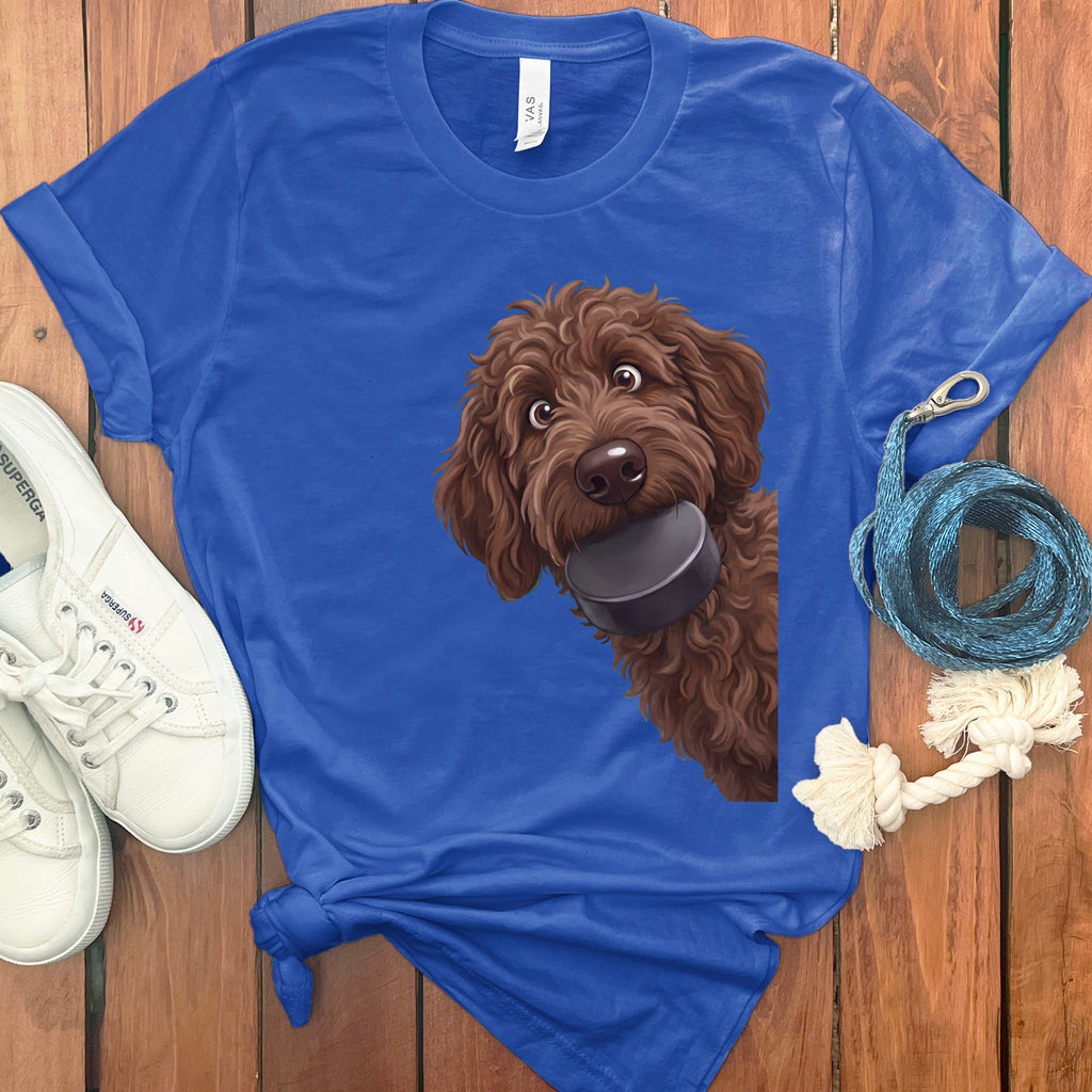 Chocolate Goldendoodle Hockey Puck T-Shirt in True Royal / S by Puppy Jo