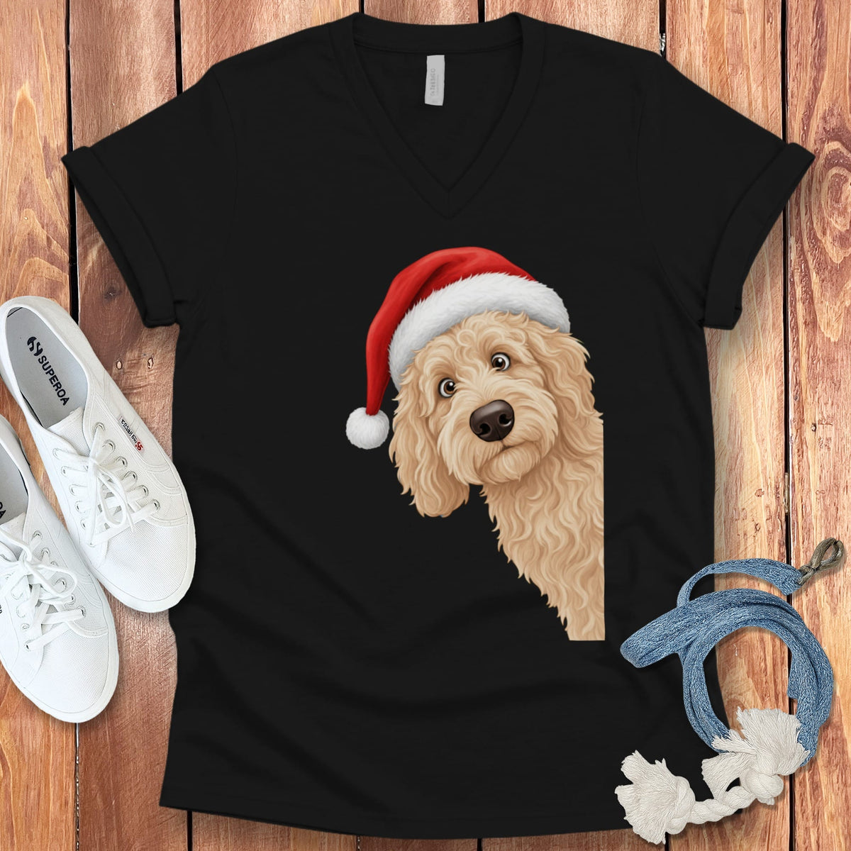 Cream Goldendoodle Holiday Santa V-Neck T-Shirt in Black / S by Puppy Jo
