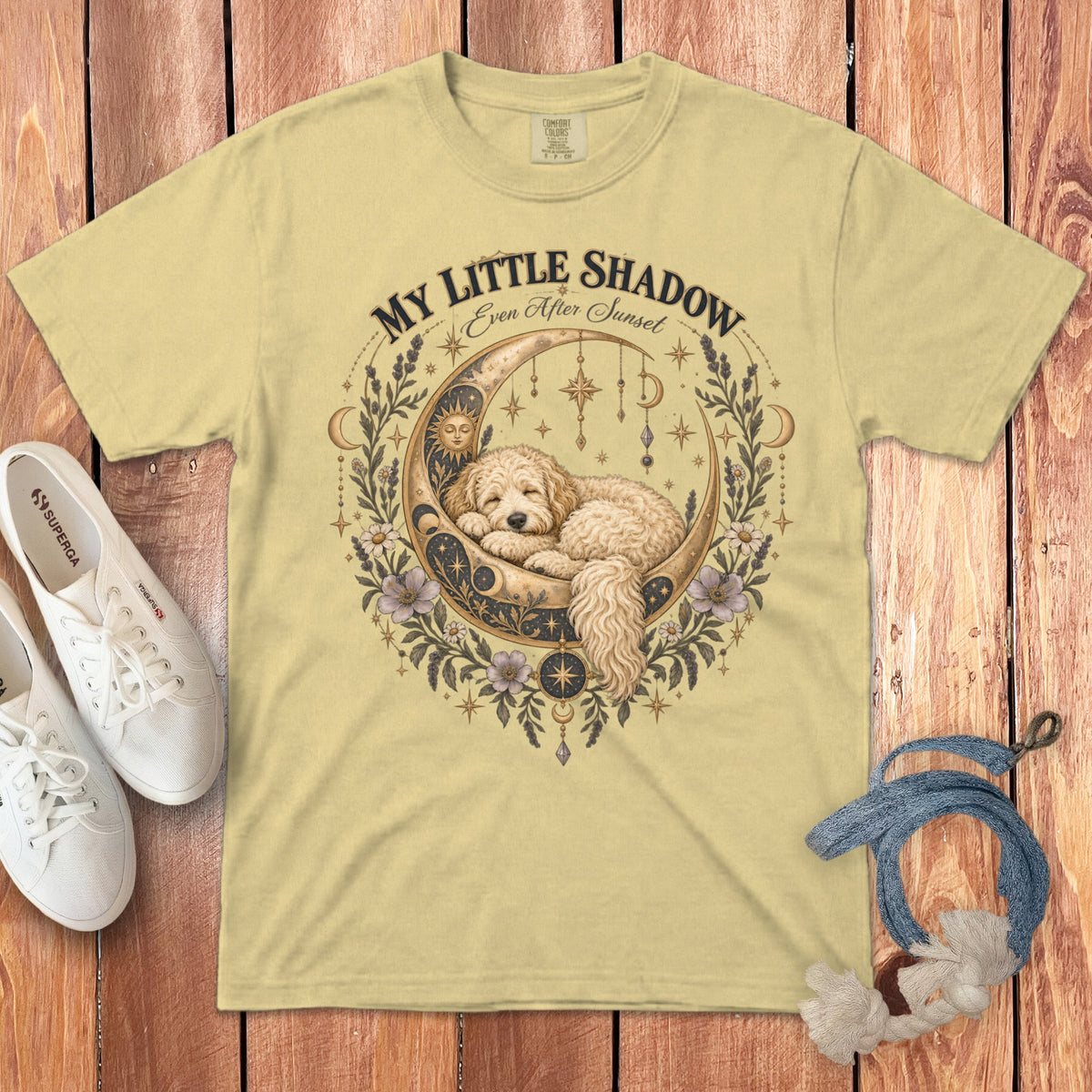 Cream t-shirt with "My Little Shadow Even After Sunset" text and sleeping dog on moon graphic.