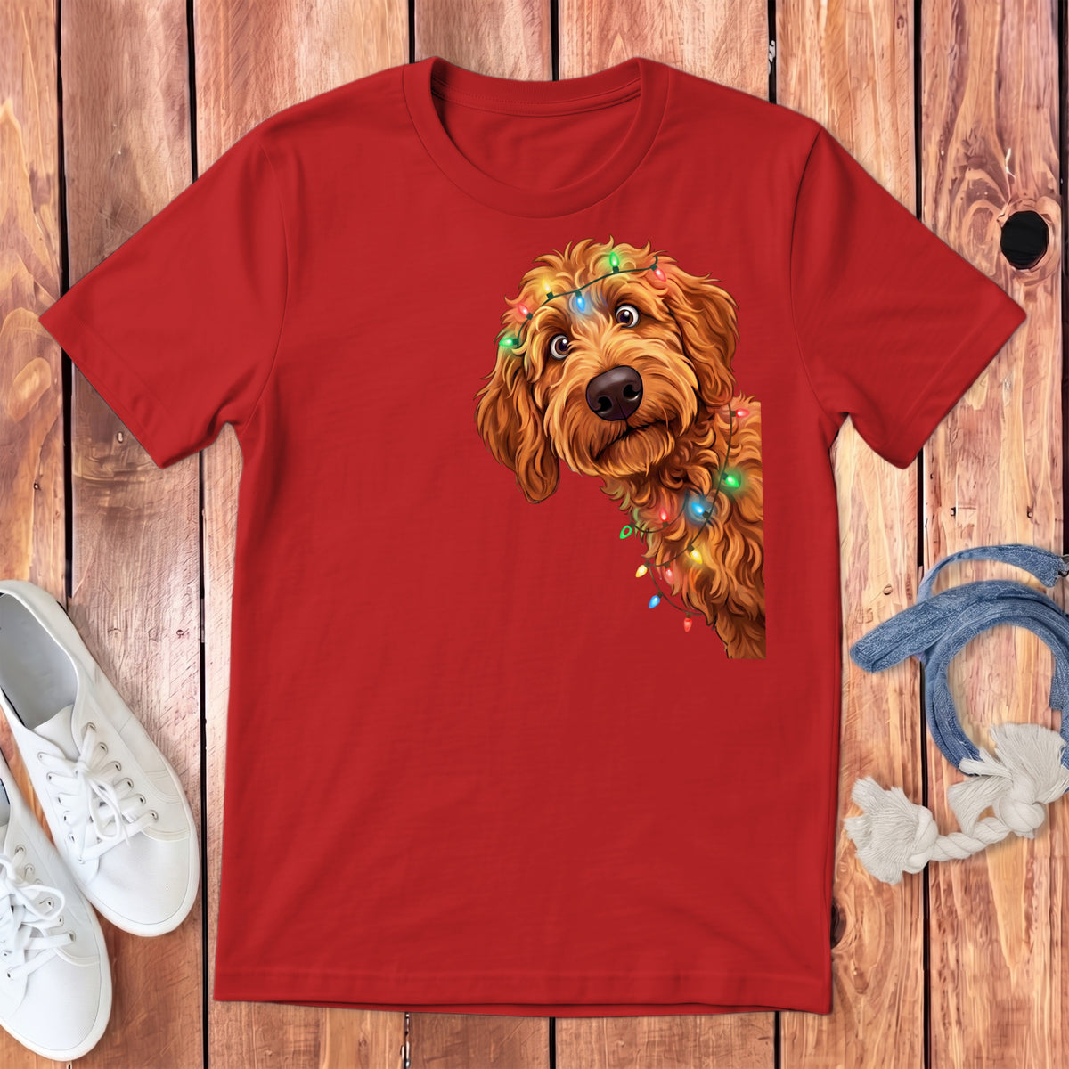 Red t-shirt with a doodle dog peeking around the side, decorated with Christmas lights.