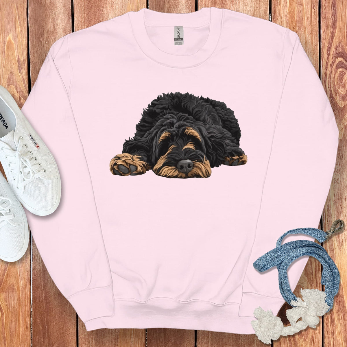 Phantom Goldendoodle Snoozing Sweatshirt in Light Pink / S by Puppy Jo