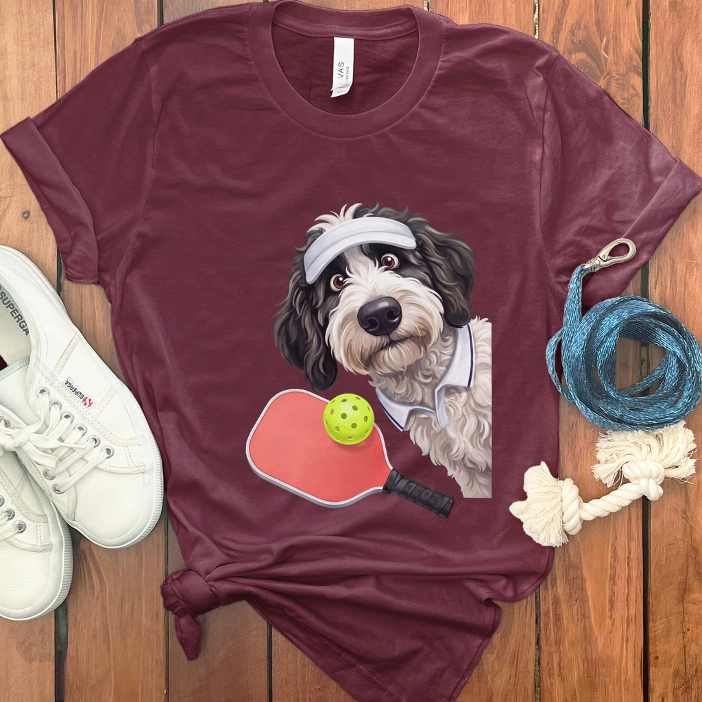 Sheepadoodle Pickleball Player T-Shirt in Maroon / S by Puppy Jo