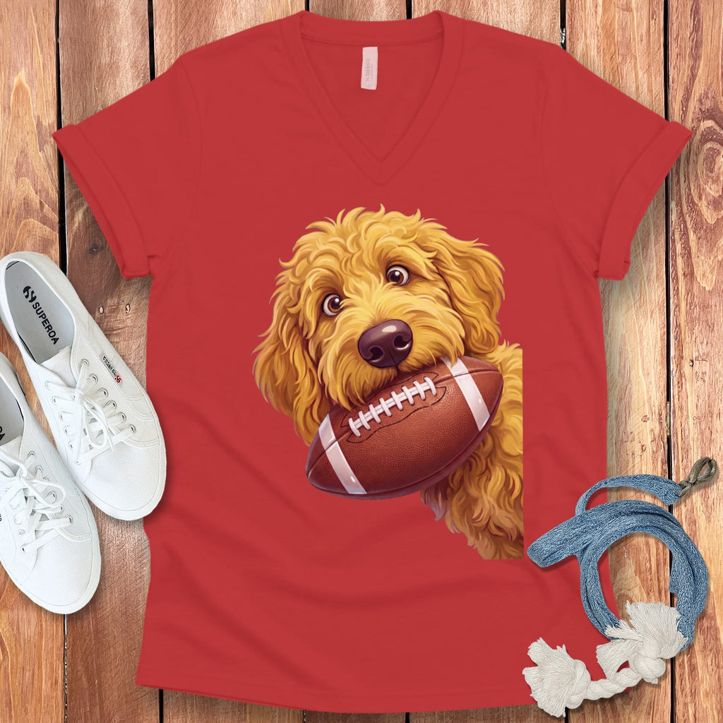 Golden Goldendoodle Football V-Neck T-Shirt in Red / S by Puppy Jo