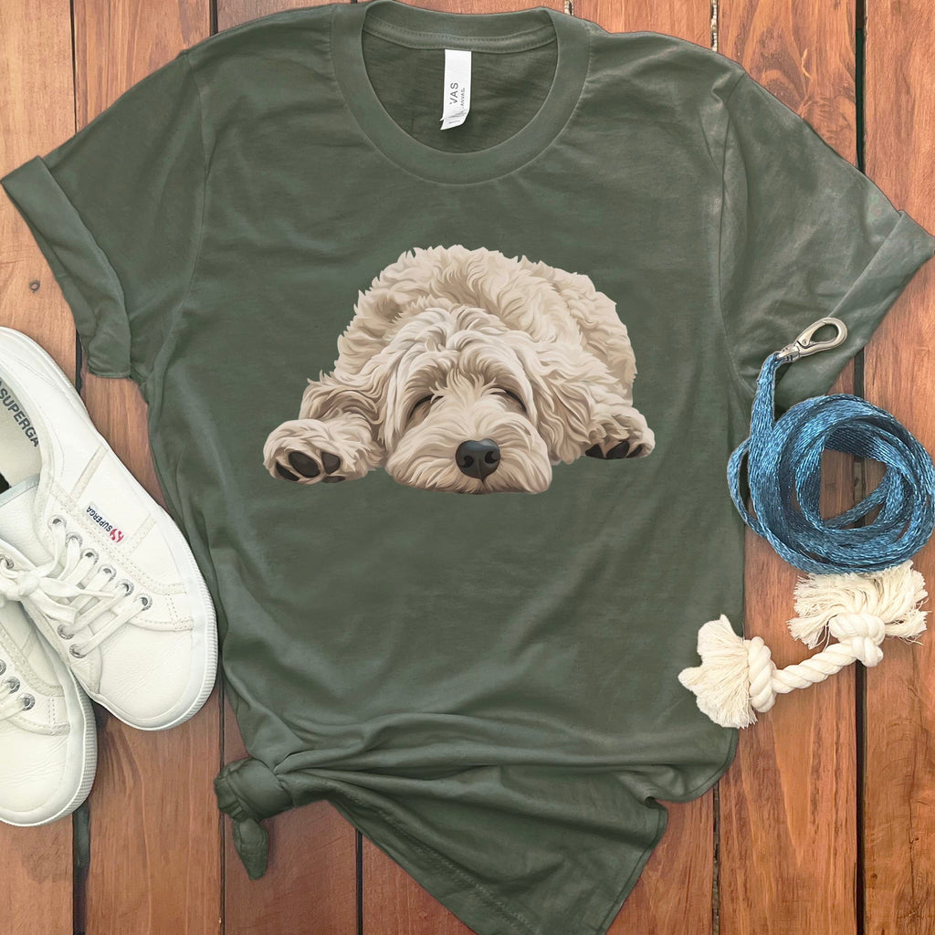 Cream Goldendoodle Snoozing T-Shirt in Military Green / S by Puppy Jo