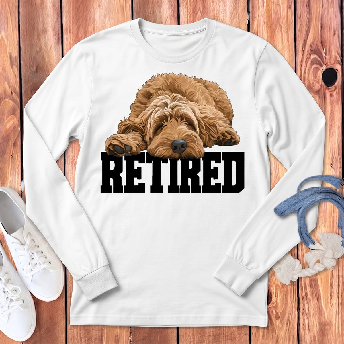 Retired Sleeping Apricot Goldendoodle Long Sleeve T-Shirt in White / S by Puppy Jo