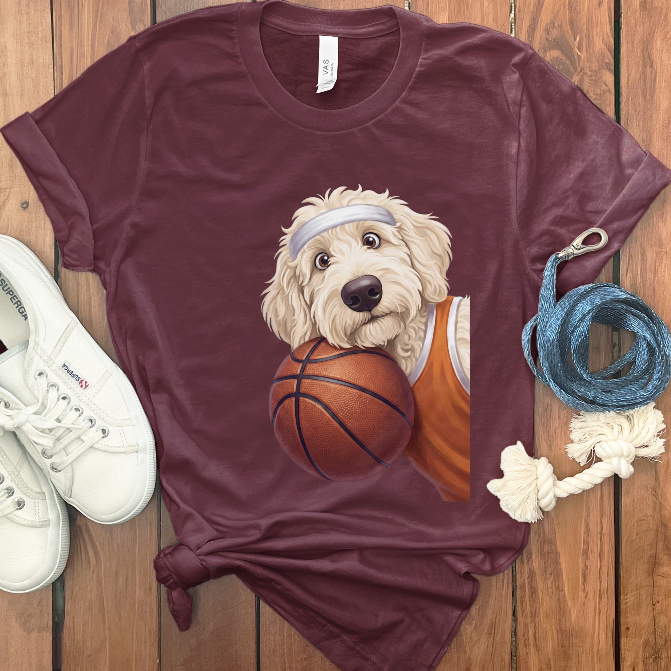 Cream Goldendoodle Basketball Player T-Shirt in Maroon / S by Puppy Jo