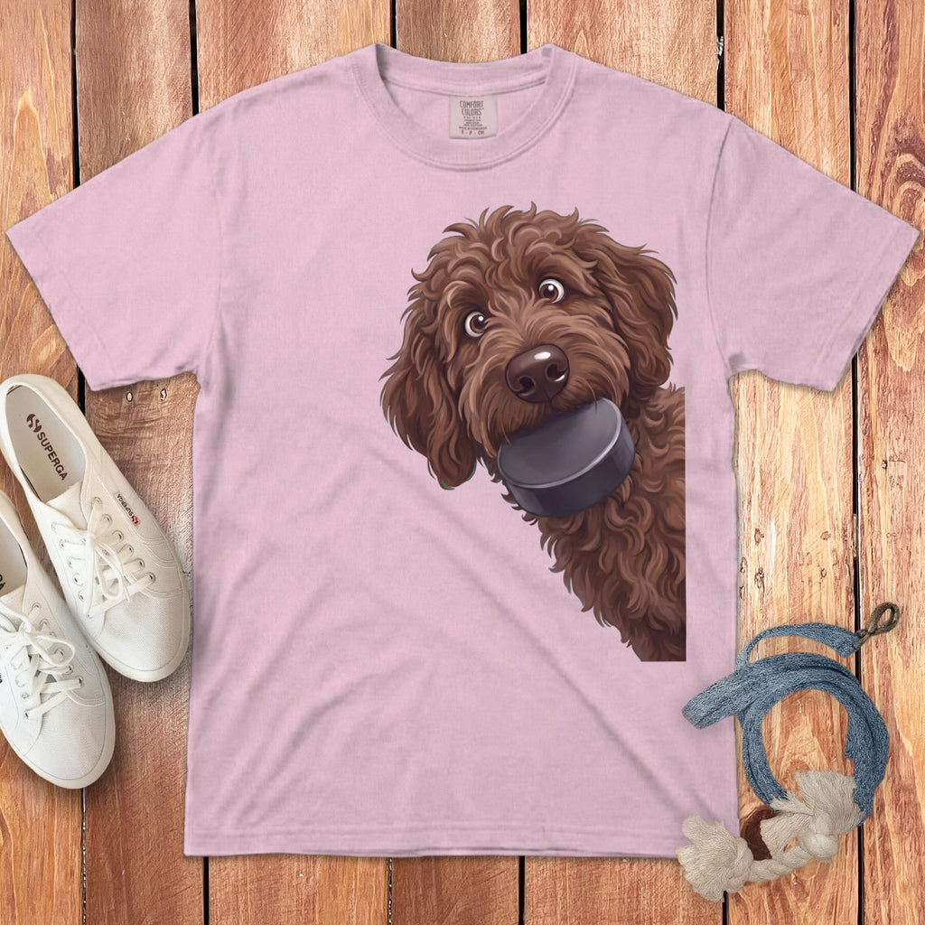 Chocolate Goldendoodle Hockey Puck Signature T-Shirt in Blossom / S by Puppy Jo
