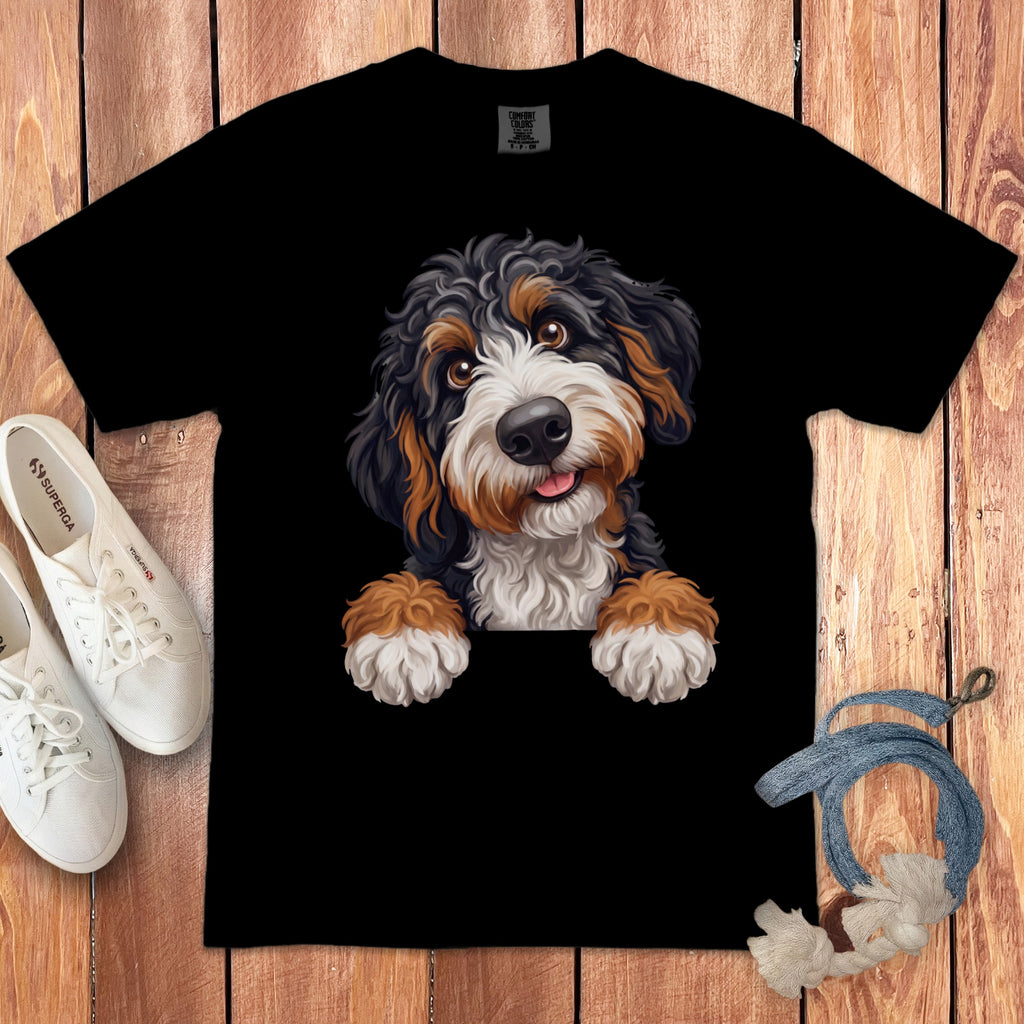 Black t-shirt featuring a fluffy Bernese Mountain Dog puppy peeking over the neckline.