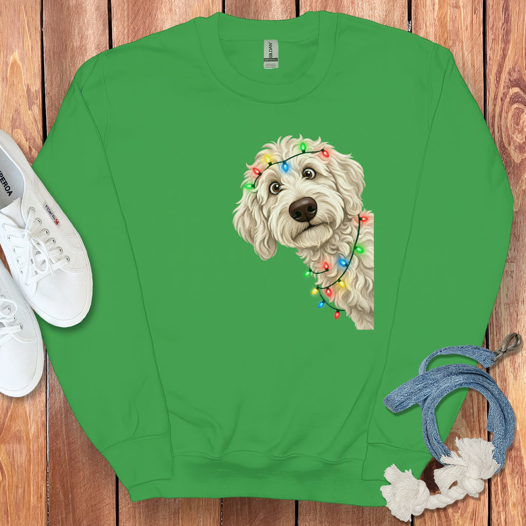 Green sweatshirt with a cartoon doodle dog wearing Christmas lights.
