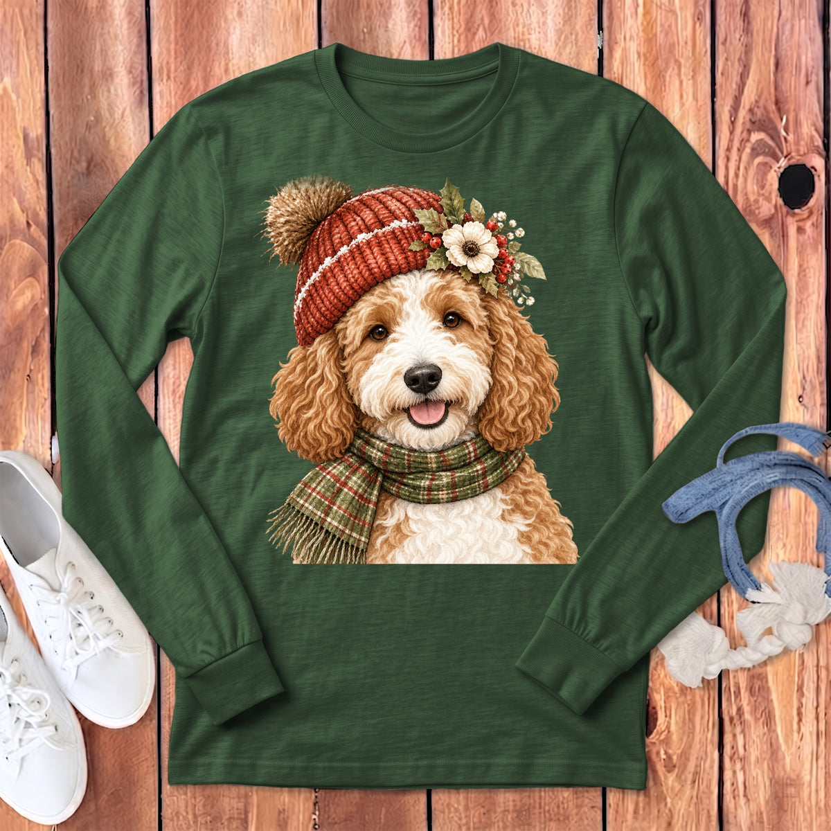 Green long-sleeve shirt with a cute doodle dog wearing a festive winter hat and scarf.