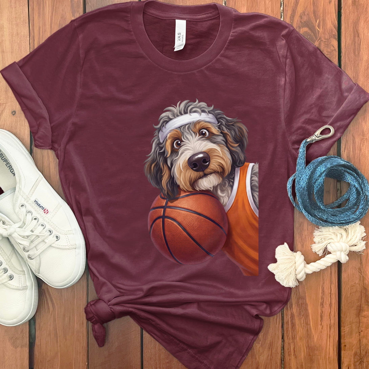 Aussiedoodle Basketball Player T-Shirt in Maroon / S by Puppy Jo