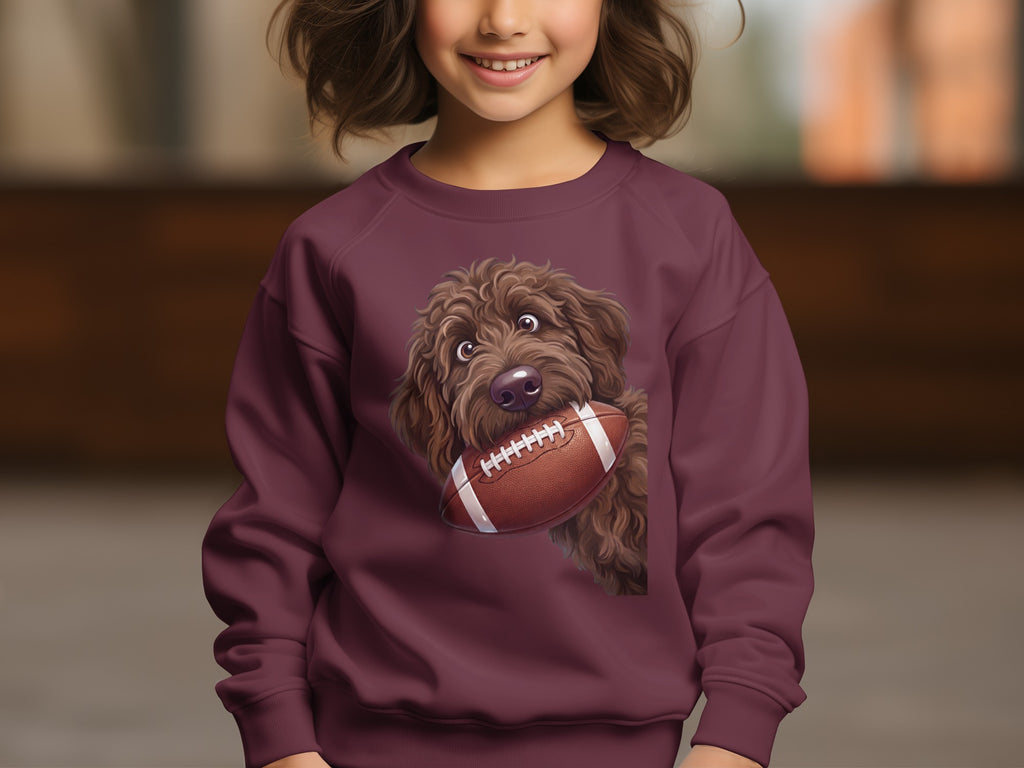 Maroon sweatshirt with illustration of a dog holding a football.